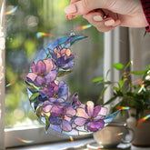 Crescent Moon Magnolia Acrylic Suncatcher, Stained Glass Style Purple Floral Window Hanging, Elegant Flower Home Decor Gift